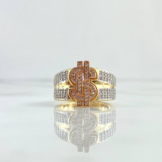 Anillo Signo Dólar 9.8gr / T10 / Circones Blancos Tres Oros 18K