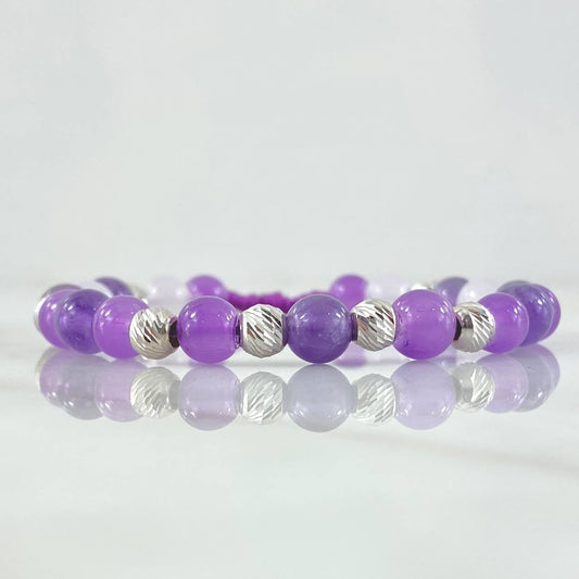 Pulsera Morada 5mm Bolas Diamantadas 8 Und Oro Blanco 18K (A.C)