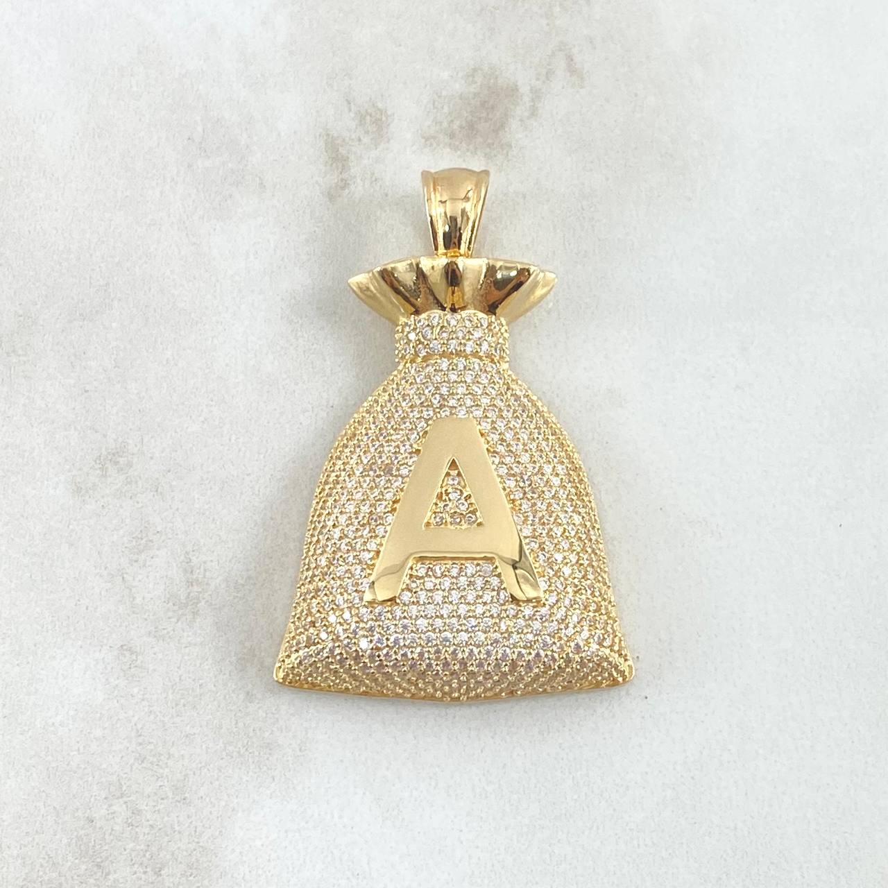 Dije Bolsa Dinero Letra A 12.8gr / 4.4cm / Circones Blancos Oro Amarillo 18K Dije Bolsa Dinero Letra A 12.8gr / 4.4cm / Circones Blancos Oro Amarillo 18K