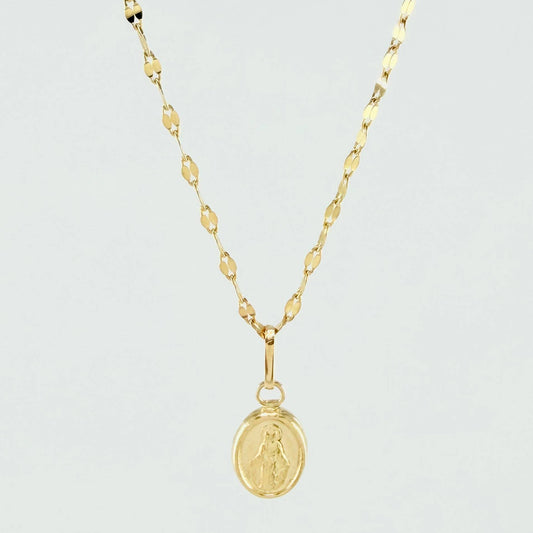 Set Cadena y Dije Flor Espejo + Virgen Milagrosa 1.35gr / 50cm / 1.3mm Oro Amarillo 18K (Oferta)