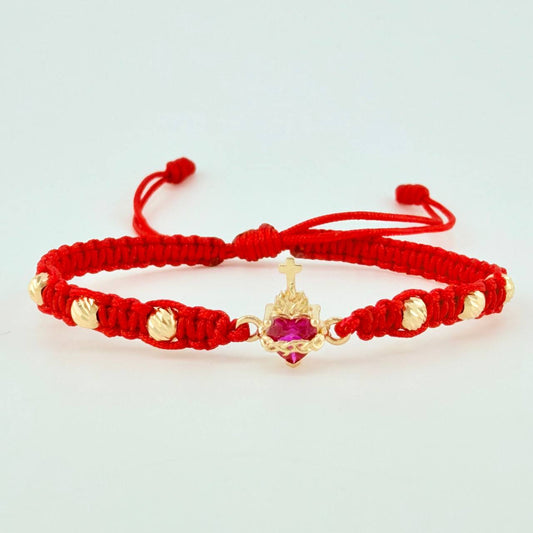 Pulsera Tejida Roja Sagrado Corazon Bolas Diamantadas Oro Amarillo 18K