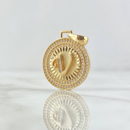 Dije Medalla Letra V 4.85gr / 3.1cm / Circones Blancos Oro Amarillo 18K *