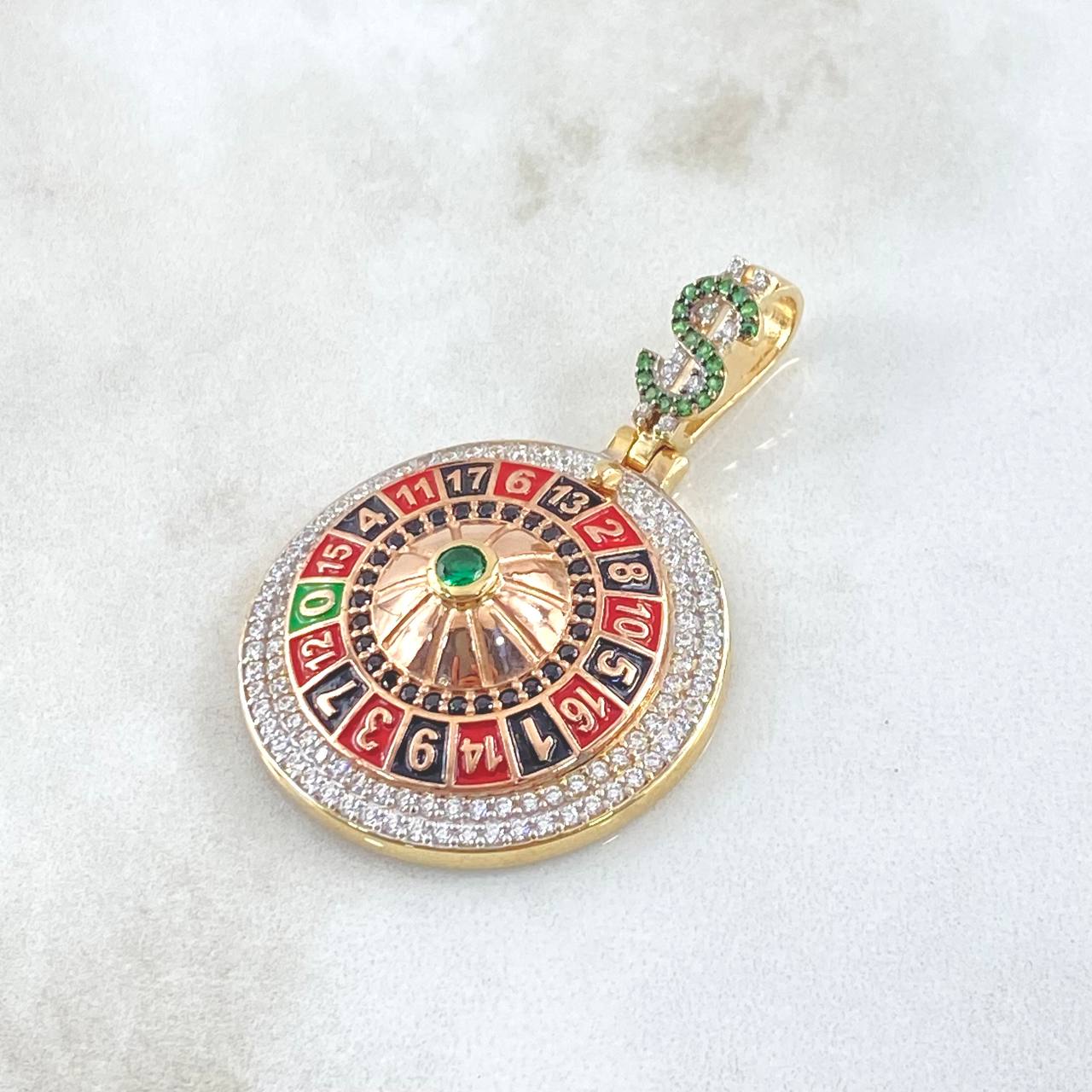 Dije Ruleta Casino Movil 13.35gr / 4.6cm / Circones Blancos Verde Dos Oros Amarillo Rosa 18K * Dije Ruleta Casino Movil 13.35gr / 4.6cm / Circones Blancos Verde Dos Oros Amarillo Rosa 18K *
