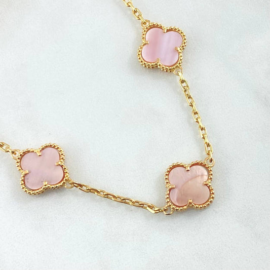 Cadena Trebol 32.8gr / 60cm / 2.2mm Cuarzo Rosado Oro Amarillo Nac.Esp. 18K ©