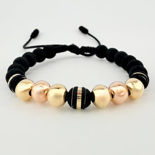Pulsera Negra Neoros 3und Bolas 6und 1.85gr / 8mm Dos Oros Amarillo Rosa 18K ©