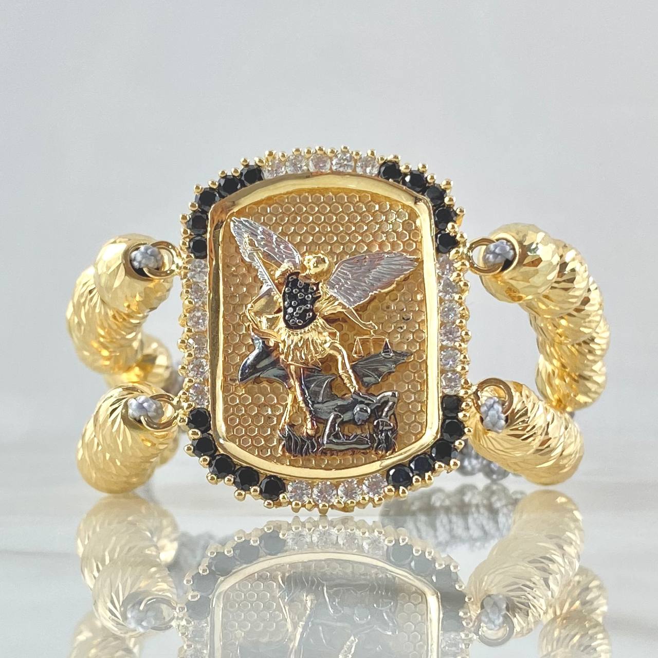 Pulsera Gris Placa San Miguel Arcangel Doble 21.75gr / 3.5cm / 8mm Bolas Diamantadas Circones Blancos Negros Oro Amarillo 18K Pulsera Gris Placa San Miguel Arcangel Doble 21.75gr / 3.5cm / 8mm Bolas Diamantadas Circones Blancos Negros Oro Amarillo 18K