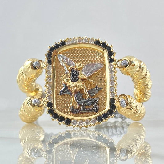Pulsera Gris Placa San Miguel Arcangel Doble 21.75gr / 3.5cm / 8mm Bolas Diamantadas Circones Blancos Negros Oro Amarillo 18K