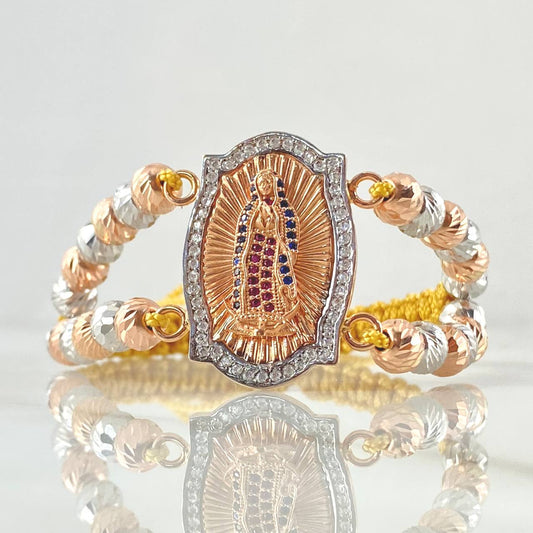 Pulsera Mostaza Virgen Guadalupe Doble 12.4gr / 3cm / 6mm Bolas Diamantadas 24und Circones Blancos Azules Fucsias Dos Oros Blanco Rosa 18K ©