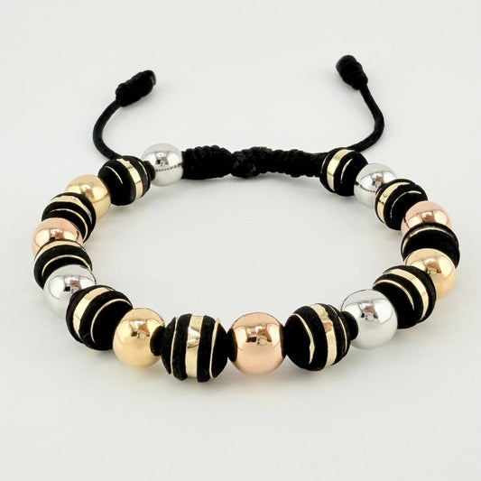 Pulsera Negra Neoros 10und Bolas 10und / 7mm Tres Oros 18K *