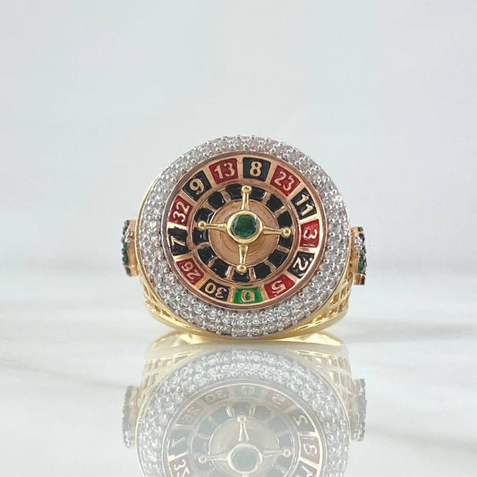 Anillo Ruleta Casino Movil 13.8gr / T10 1/2 / Circones Blancos Verde Texturizado Dos Oros Amarillo Rosa 18K