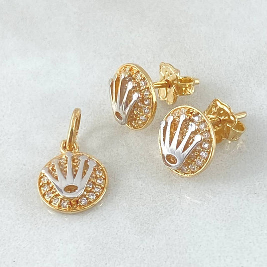 Set Circulo Tupido Corona - Topos 0.9cm - Dije 1.5cm 3.55gr Circones Blancos Oro 18K ©