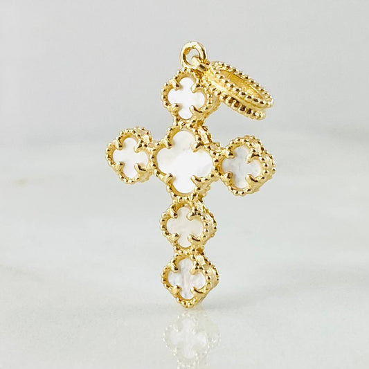 Dije Cruz Trebol Nacar Blanco 3.05gr / 3.2cm / Oro Amarillo Nac.Esp. 18K