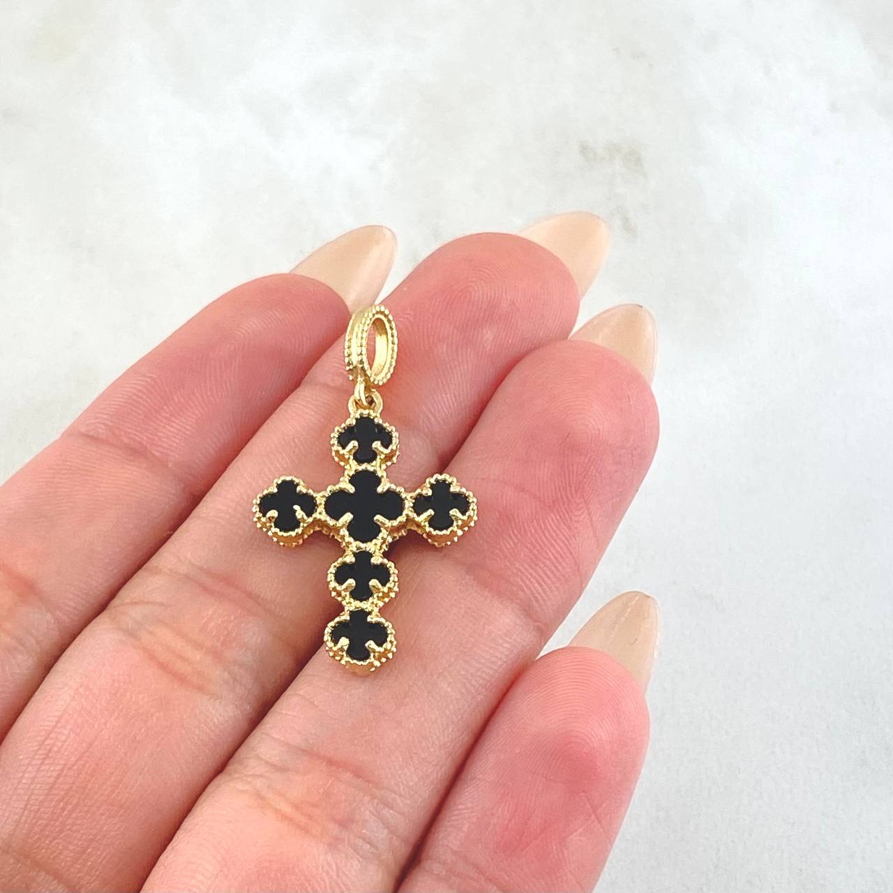 Dije Cruz Trebol Onix Negro 2.9gr / 3.2cm / Oro Amarillo Nac.Esp. 18K * Dije Cruz Trebol Onix Negro 2.9gr / 3.2cm / Oro Amarillo Nac.Esp. 18K *