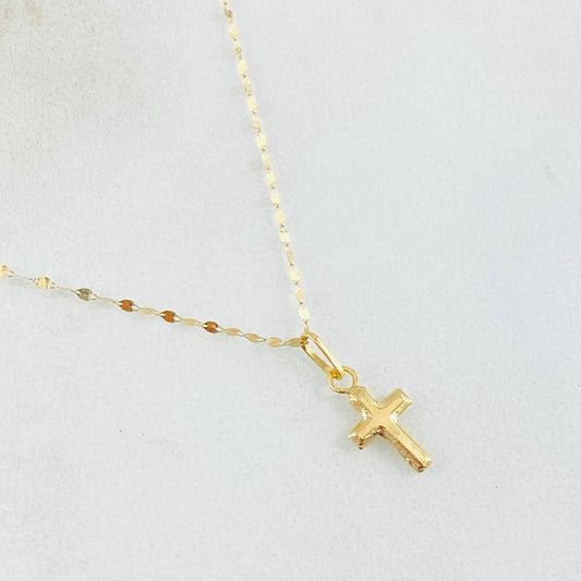 Set Cadena y Dije Flor Espejo + Cruz Lisa 0.5gr / Oro Amarillo 18K (Oferta)