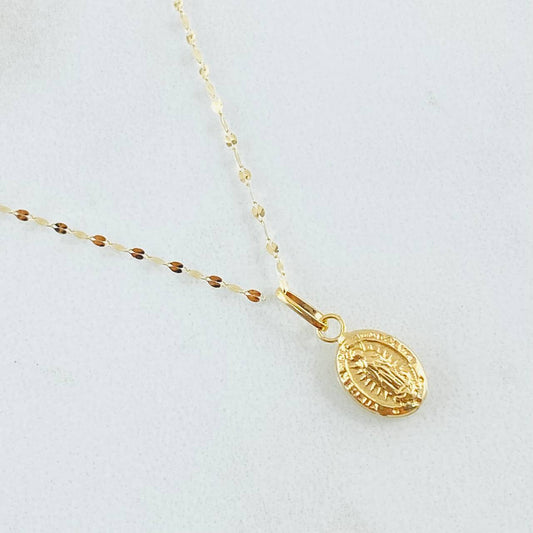 Set Cadena y Dije Flor Espejo + Virgen Guadalupe 0.6gr / Oro Amarillo 18K (Oferta)