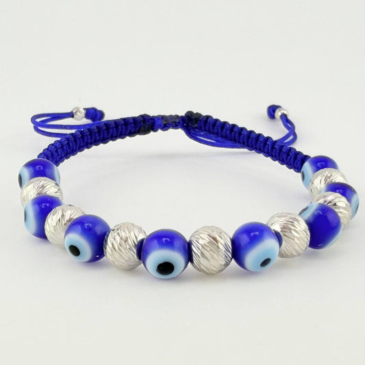 Pulsera Tejida Ojos Turco Bolas Diamantadas 6Mm-3Mm Oro Blanco 18K