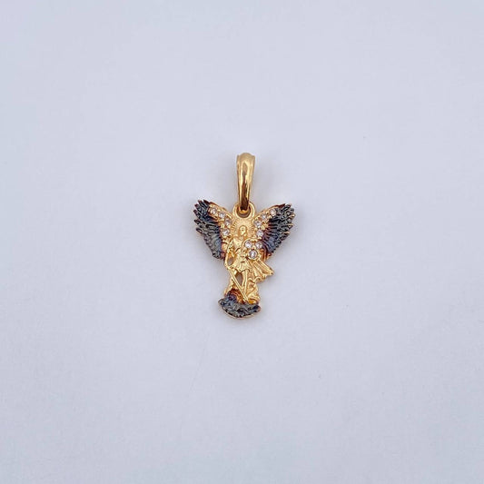 Dije San Miguel Arcangel 1.6gr / 2.1cm / Circones Blancos Dos Oros Negro Amarillo 18K &
