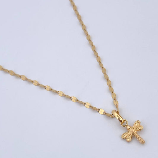 Set Cadena Flor Espejo /0.95gr/40cm/1.5mm + Dije Libelula/0.35gr/1.5cm Troquelado Oro 18K (Oferta) $