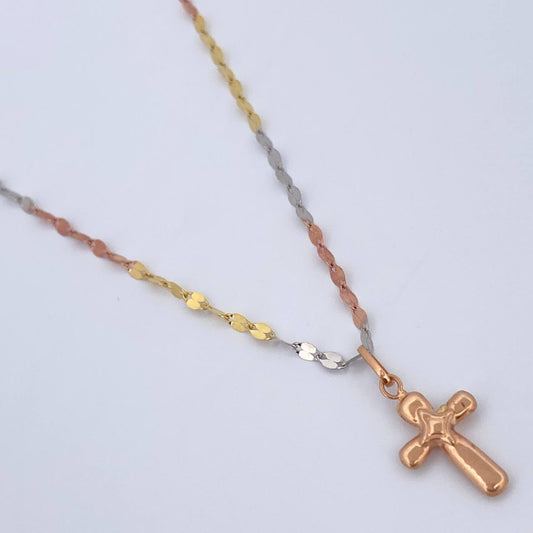 Set Cadena Flor Espejo /1.1gr/45cm/1.7mm + Dije Cruz/0.4gr/2cm Troquelado Oro 18K (Oferta) $
