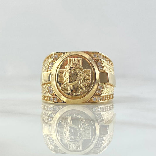 Anillo Cruz Rostro de Cristo 10.5gr / T9 1/2 / Texturizado Circones Blancos Oro Amarillo 18K ©