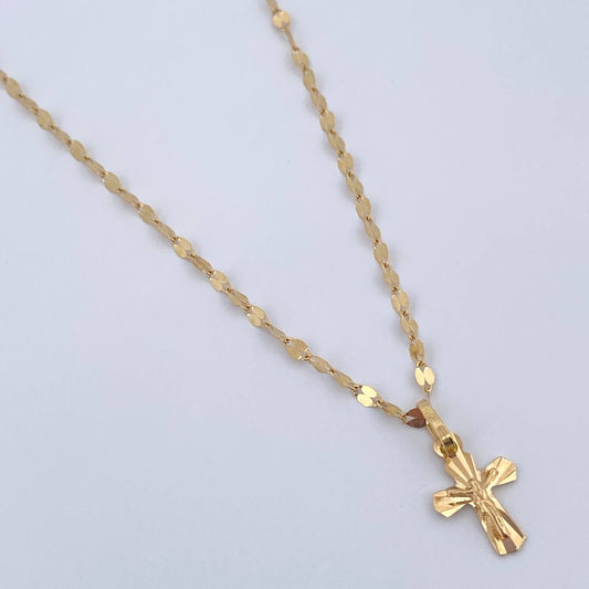 Set Cadena Flor Espejo 1.2gr/50cm/1.8mm + Dije Cruz Cristo 0.5gr/1.5cm Diamantado Oro 18K (Oferta) &