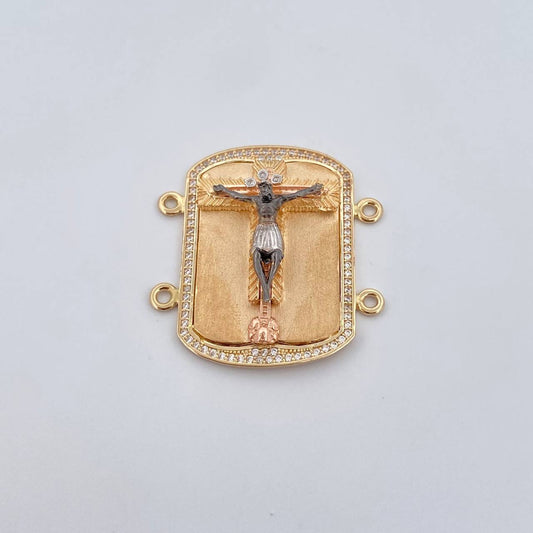 Herraje Placa Cruz Cristo 11.65gr / 3.2cm / Circones Blancos Tres Oros 18K &