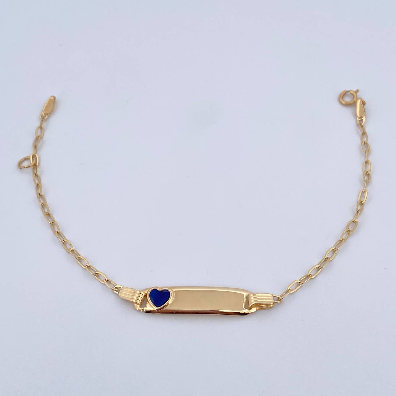 Pulso Bebé Cajon Corazon Azul 1.4gr / 13cm-14.1cm / 1.5mm Placa Rectangular Curva Oro Amarillo 18K & Pulso Bebé Cajon Corazon Azul 1.4gr / 13cm-14.1cm / 1.5mm Placa Rectangular Curva Oro Amarillo 18K &