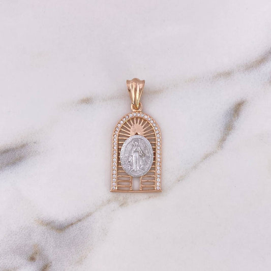 Dije Virgen Milagrosa 4.25gr / 3.4cm / Circones Blancos Dos Oros Blanco Rosa 18K $