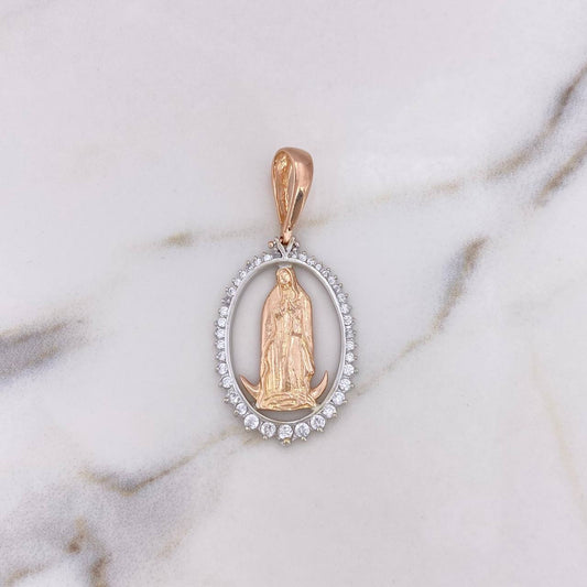 Dije Virgen Guadalupe 6.55gr / 4.5cm / Circones Blancos Dos Oros Blanco Rosa 18K $