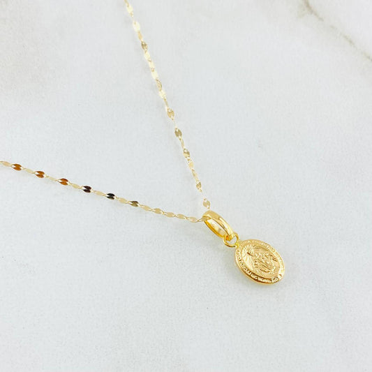 Set Cadena y Dije Mini Flor Espejo + Virgen Milagrosa 0.75gr / Oro Amarillo 18K