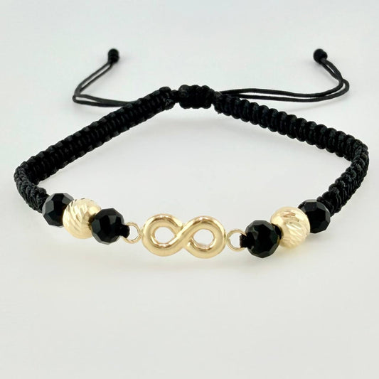 Pulsera Tejida Negra Herraje Infinito Bolas Diamantadas 5Mm / 2 Und Oro Amarillo 18K