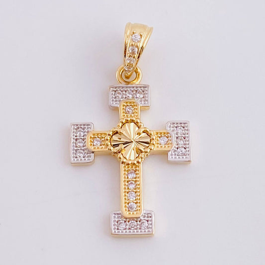 Dije Cruz Trebol Tupida 1.6 g / 2.2 cm Dos Oros Amarillo Blanco 18K