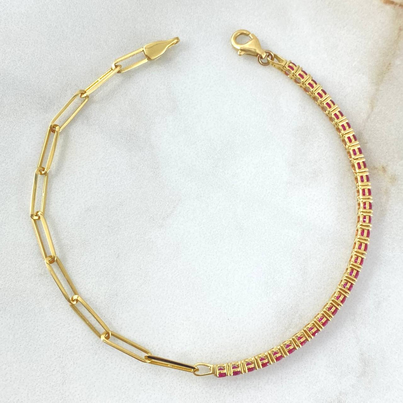 Pulso Tennis - Cajón 4.65gr / 19cm / 3mm Circones Fucsias Oro Amarillo +4 18K * Pulso Tennis - Cajón 4.65gr / 19cm / 3mm Circones Fucsias Oro Amarillo +4 18K *