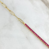 Pulso Tennis - Cajón 4.65gr / 19cm / 3mm Circones Fucsias Oro Amarillo +4 18K * Pulso Tennis - Cajón 4.65gr / 19cm / 3mm Circones Fucsias Oro Amarillo +4 18K *