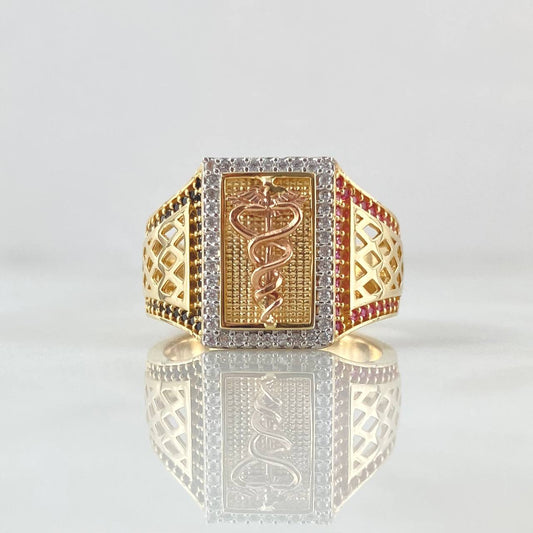 Anillo Caduceo de Serpiente 8gr / T10 1/2 / Circones Blancos Negros Fucsia Tres Oros 18K