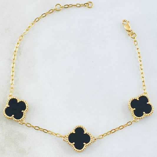 Pulso Aro Seguido Trebol Negro 5.75gr / 17cm-19cm / Oro Amarillo Nac.Esp. 18K *