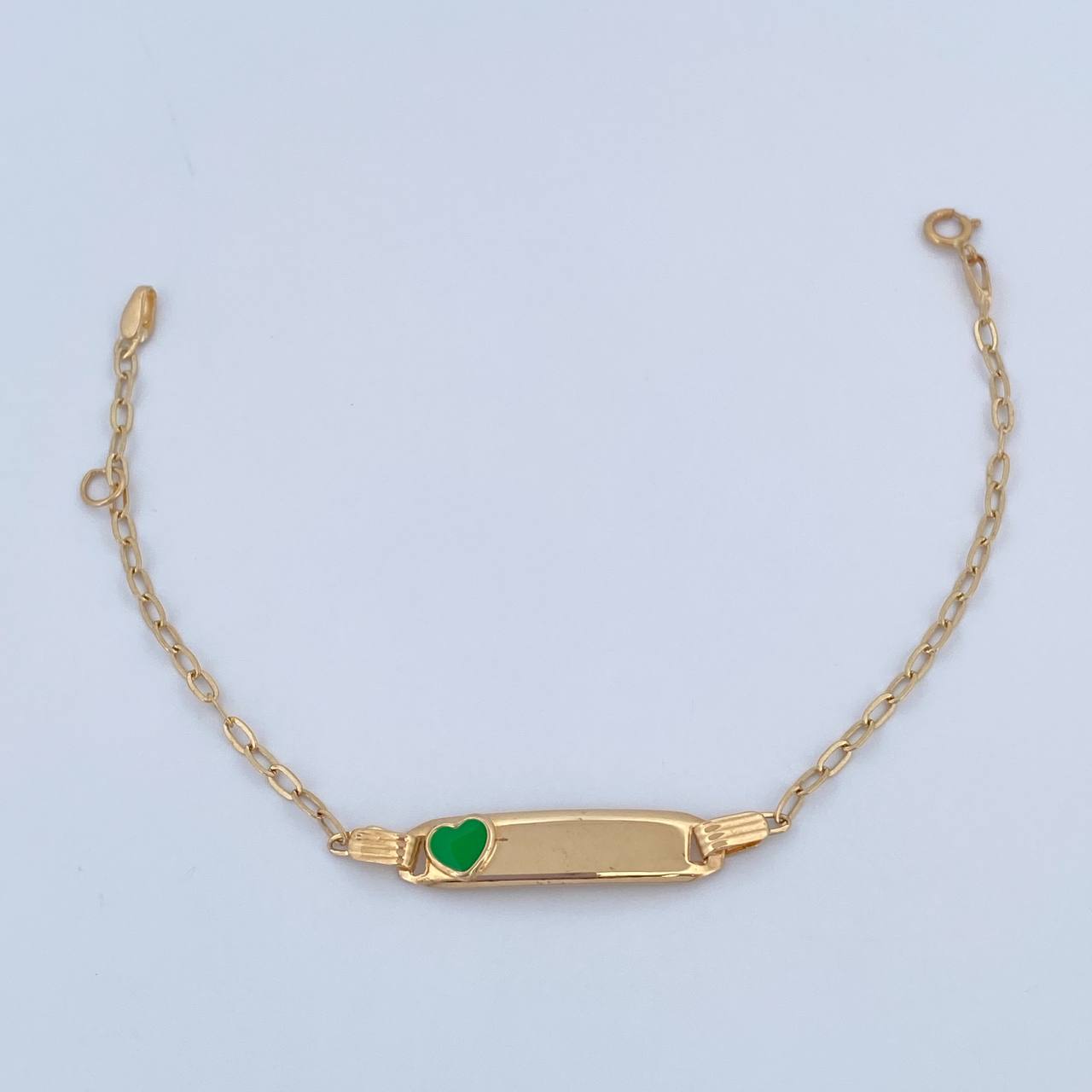 Pulso Bebé Cajon Corazon Verde 1.35gr / 13.4cm-14.7cm / 1.5mm Placa Rectangular Curva Oro Amarillo 18K & Pulso Bebé Cajon Corazon Verde 1.35gr / 13.4cm-14.7cm / 1.5mm Placa Rectangular Curva Oro Amarillo 18K &