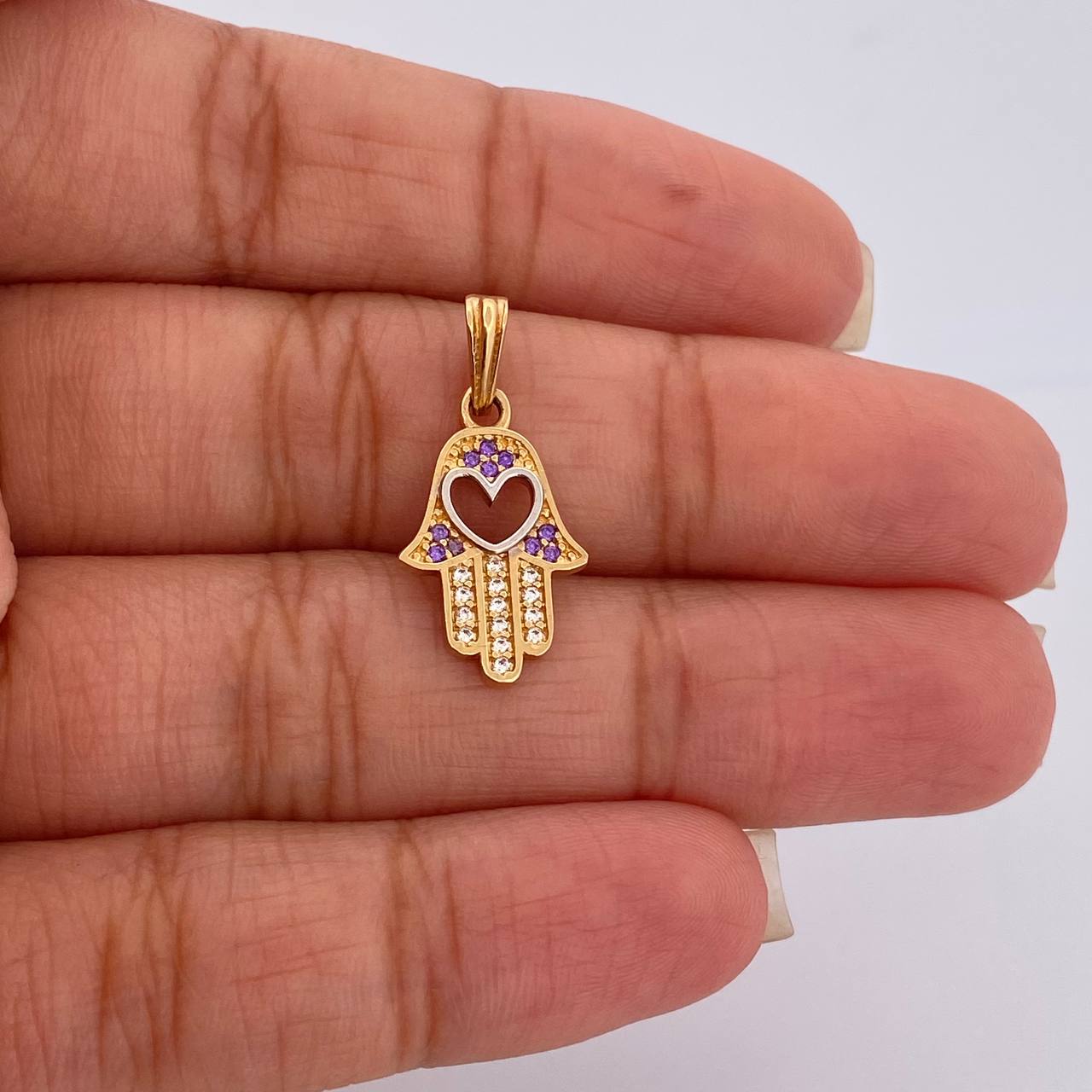 Dije Mano Hamsa Corazón 1.5gr / 2.3cm-Dos Oros Amarillo Blanco 18K & Dije Mano Hamsa Corazón 1.5gr / 2.3cm-Dos Oros Amarillo Blanco 18K &