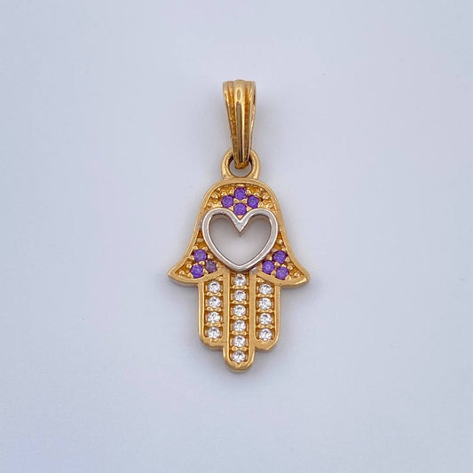 Dije Mano Hamsa Corazón 1.5gr / 2.3cm-Dos Oros Amarillo Blanco 18K &