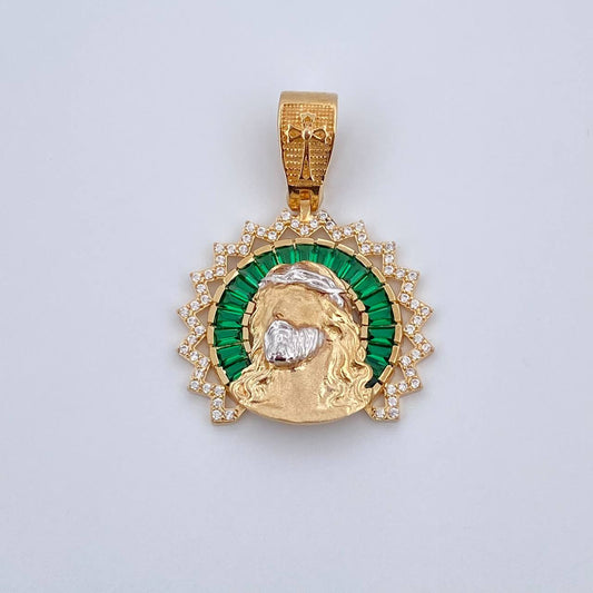Dije Rostro Cristo 8gr / 3.6cm / Circones Verdes Blancos Dos Oros Amarillo Blanco 18K &