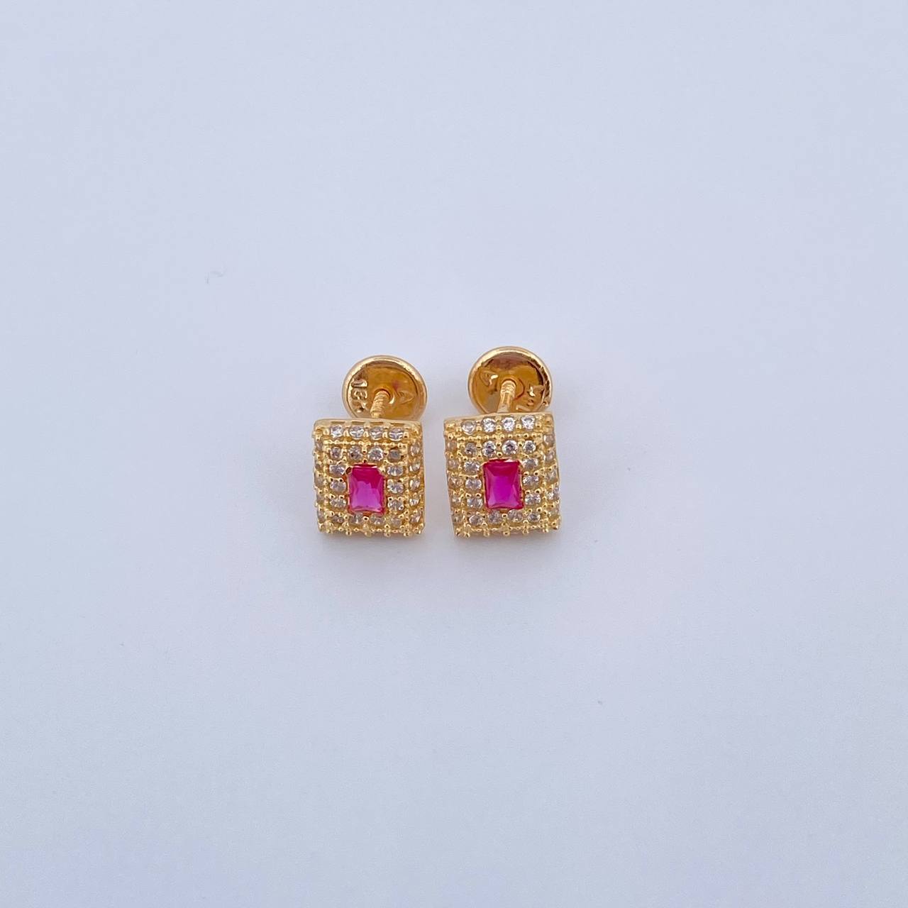 Topos Halo Cuadrado 1.9gr / Circones Fucsia Blancos Oro Amarillo 18K & Topos Halo Cuadrado 1.9gr / Circones Fucsia Blancos Oro Amarillo 18K &