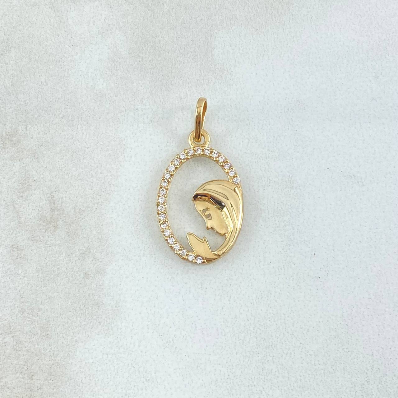 Dije Virgen Maria Circulo Floreado 1.1gr / 2.4cm / Circones Blancos Oro Amarillo 18K © Dije Virgen Maria Circulo Floreado 1.1gr / 2.4cm / Circones Blancos Oro Amarillo 18K ©