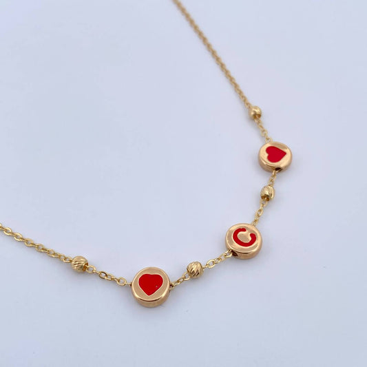 Cadena Aro Seguido Letra C Corazones 3.7gr / 45.7cm / 3mm Bolas Diamantadas Rojo Verde Azul Amarillo Oro Amarillo 18K &