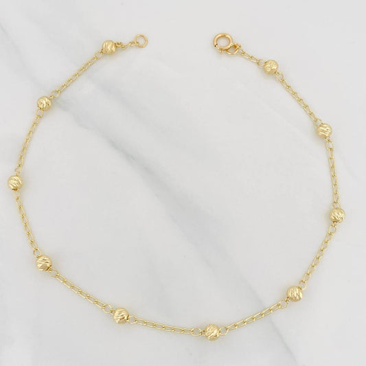 Tobillera Espiga Bolas Diamantadas 2.2g / 27cm / 4mm Oro Amarillo 18K