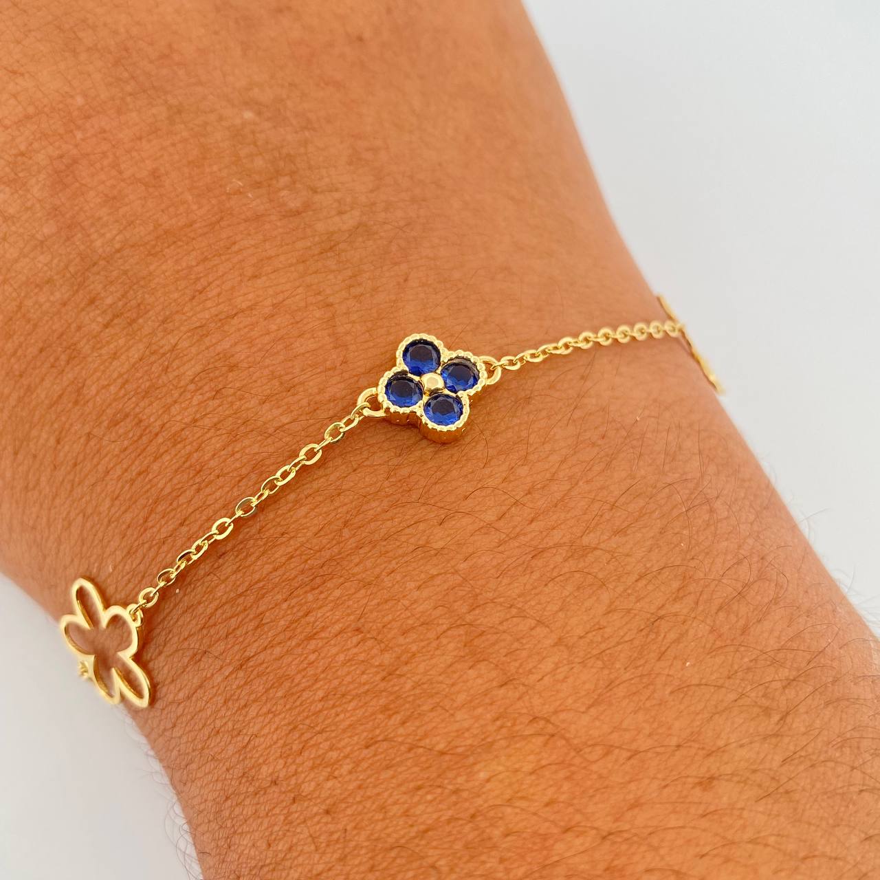 Pulso Aro Seguido Trebol Flores 2.4gr / 18cm / 1.7mm Circones Azules Oro Amarillo 18K & Pulso Aro Seguido Trebol Flores 2.4gr / 18cm / 1.7mm Circones Azules Oro Amarillo 18K &