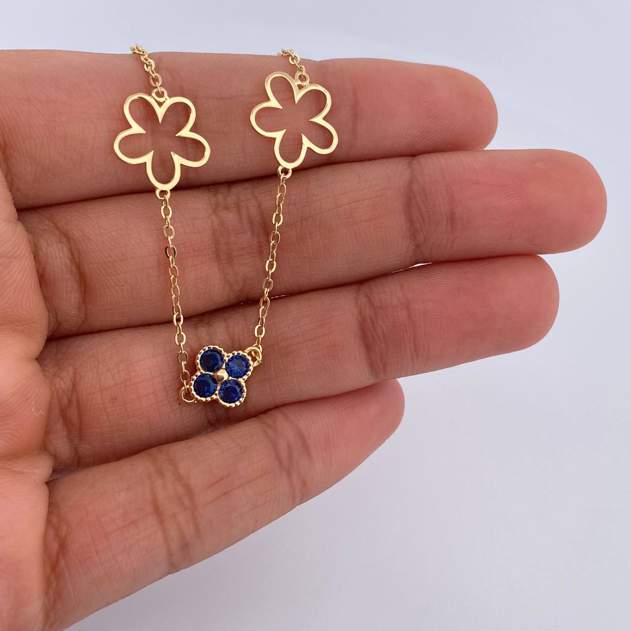 Pulso Aro Seguido Trebol Flores 2.4gr / 18cm / 1.7mm Circones Azules Oro Amarillo 18K & Pulso Aro Seguido Trebol Flores 2.4gr / 18cm / 1.7mm Circones Azules Oro Amarillo 18K &
