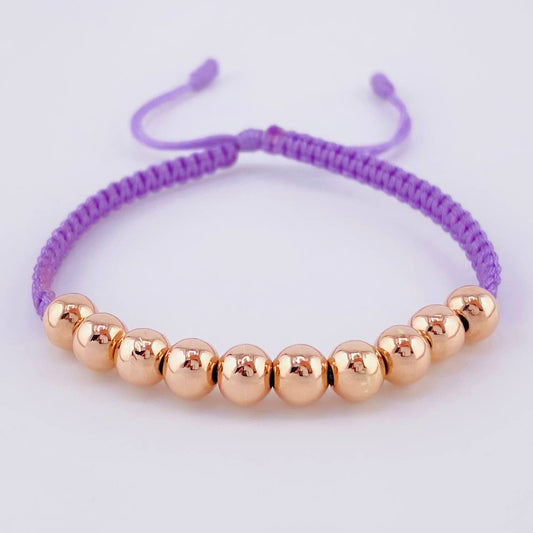 Pulsera Tejida Lila Bolas Lisas 10 Und / 6Mm Oro Rosa 18K