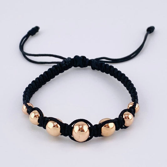 Pulsera Tejida Negra Bolas Lisas 7 Und / 5Mm-6Mm-7Mm-8Mm Oro Rosa 18K