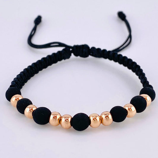 Pulsera Tejida Negra Bolas Lisas 8 Und / 5Mm Oro Rosa 18K
