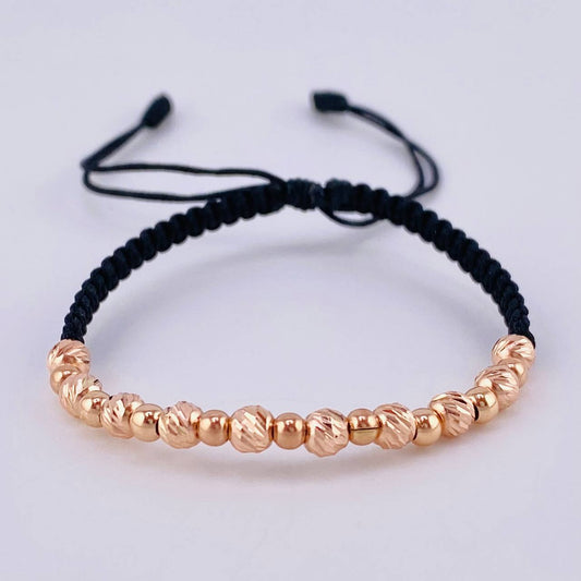 Pulsera Tejida Negra Bolas Diamantadas 10 Und- 4Mm/ Lisas 9 Und- 3Mm Oro Rosa 18K